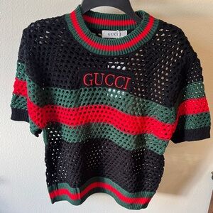 Gucci Black Crochet Short Sleeve Top with Red & Green Stripes